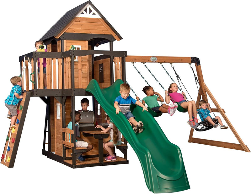 Gorge Creek Pure Pine Swing Set, Playhouse with Barbecue Grill, Plastic Utensils, Picnic Area, Steering Wheel, Double-Padded Swing, Rock Climbing Wall, Balcony, Terrace, Mesh Swing (Green Slide) O6