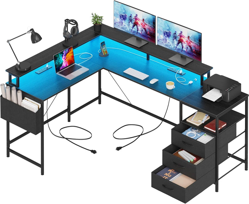 3 Drawers L Shaped Desk 63 Inch, 2 Power Strips (6 AC) and LED, Large Gaming Desk & 2 Monitor Stands, L Shape Computer Desk, Stable and Sturdy Home Office Desk, Fabric Drawers, Black Y7