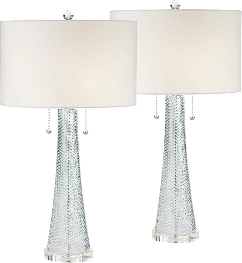 Modern desk lamp, 28.5 inches high, 2 sets. Features a sky-blue textured glass lampshade and a white cylindrical lampshade with a vortex pattern. Suitable for living room, bedroom, bedside table, night light, office, and home use. A5