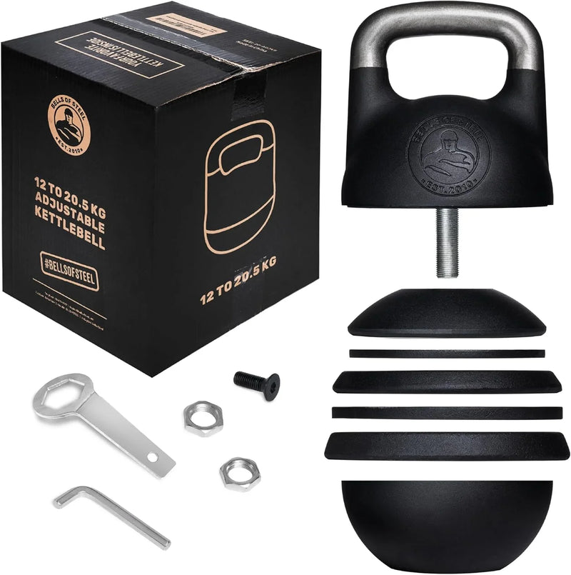 Adjustable Kettlebell Set [Bells of Steel] Kettle Bell Weight Set, Steel Shell, Internally-Loaded for Full Body Workouts, Competition Standard 35mm Handle, 12-20.5kg V8