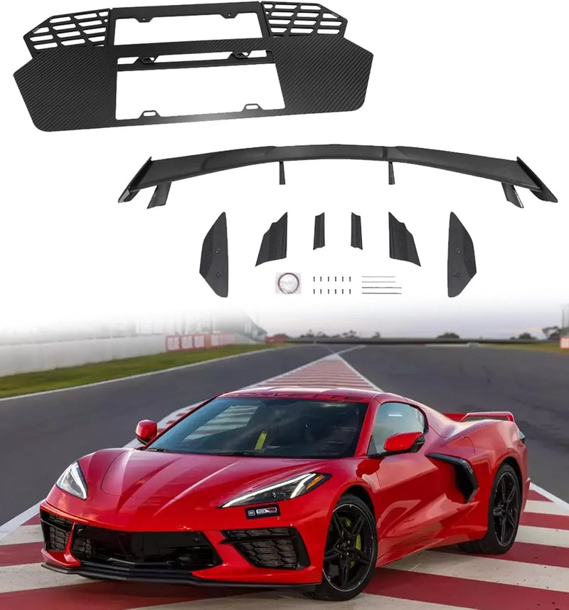 Bundled Items of C8 License Plate Frame and C8 High Wing Spoiler Fit for Corvette C8 2020-2025 Stingray Z51 2020-2025 A2