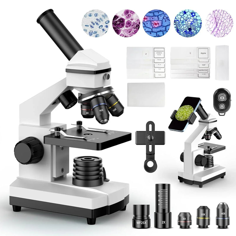 Compound Microscope for Adults & Kids - 100X-2000X High-Power Biological Microscope for Students, School Lab & Home Education, with Slides Set & Phone Adapter (White) H4