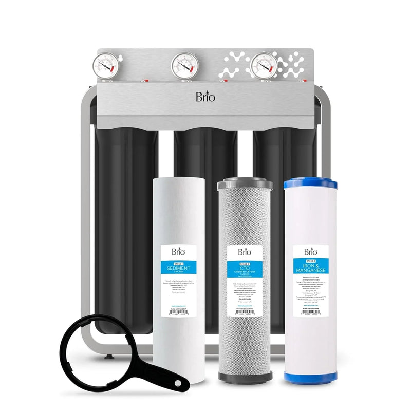 Whole-house filtration system, designed to remove iron and manganese, with a flow rate of 900 gallons per minute, dimensions of 4.5 inches x 20 inches, featuring a built-in sediment filter, activated carbon filter and iron/manganese filter, with a li O0