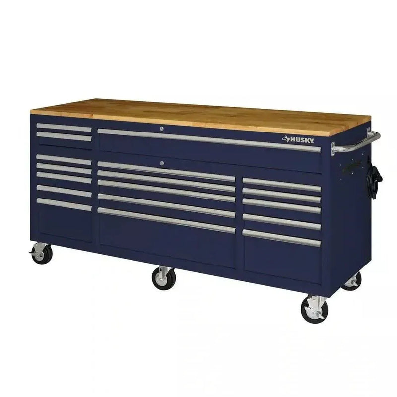 Husky 72 in. 18-Drawer Mobile Workbench with Solid Wood Top in Gloss Blue L2