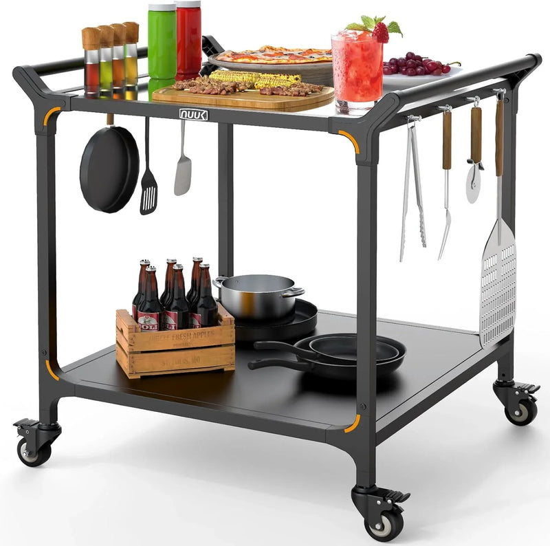 Outdoor barbecue food truck, 32" x 32" stainless steel pizza oven table, mobile barbecue kitchen food preparation cart with double-tiered shelves, suitable for garden patios Y6
