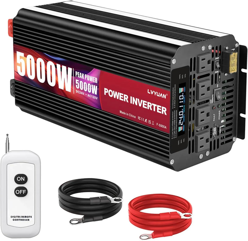 5000 Watt Power Inverter 12V to 110V 120V for Vehicle, Solar Inverter System, Heavy Duty, RV, Truck, Off Grid,Camping with 4 AC Outlets, LCD Display, Wireless Remote Control, Car Power Inverter X7