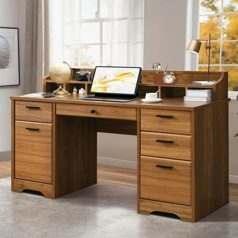 Executive Desk with Drawers, 58 Inch Desk with Storage, Wood Executive Desk with 6 Drawers, Study Desk for Bedroom, Business Furniture Desk with File Cabinet, Vintage Brown W9