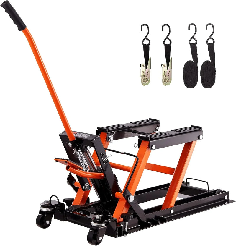 Hydraulic Motorcycle Lift Jack 1500 LBS Capacity ATV Scissor Lift Jack Portable Motorcycle Lift Table with 4 Wheels Hydraulic Foot-Operated Hoist Stand for Motorcycle ATV UTV Powersports E7