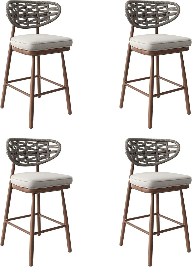 Outdoor Bar Stools Set of 2,Rattan Barstools Woven,29'' Bar Height Stools with Backrest and Teak Leg,Aluminum Bar Chairs Boho Bar Stool with Cushions,Tall Barstool for Patio,Teak I0