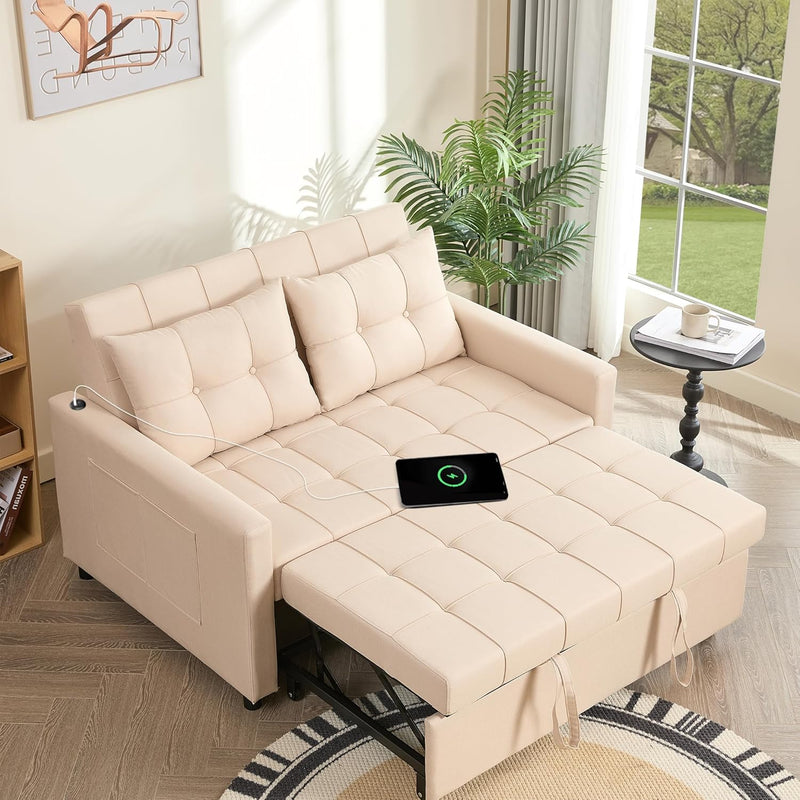52" Sleeper Sofa with Pull-Out Bed, 3-in-1 Convertible Sofa Bed, Loveseat with Adjustable Backrest and Side Pocket, for Living Room Apartment, Linen, Dark Grey U8