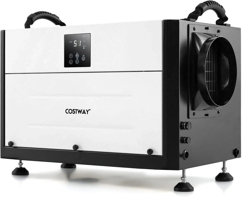 Commercial dehumidifier, suitable for 1300 square feet of basements, storage areas or work sites, equipped with a 9.8-foot drainage pipe and a wired remote control panel, white model. L4