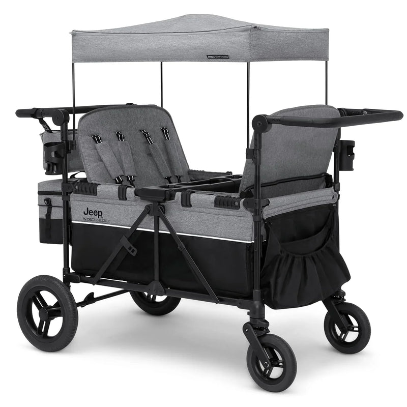 Luxurious 4-seater children's stroller - A high-end 4-seater children's stroller specially designed for 4 children, equipped with convertible seats, adjustable push-pull handles, detachable sunshade, and flat folding device. The color is grey. I8