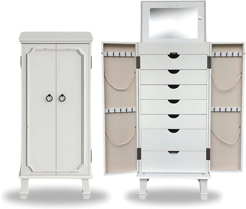 Hives and Honey Cabby Standing Jewelry Armoire – Fully Locking Wood Jewelry Storage with Mirror, 7 Drawers, Necklace Hooks, and Anti-Tarnish Lining — Turquoise S5
