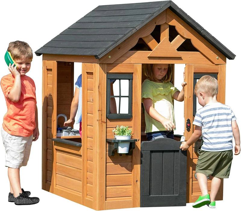 Children's playhouse cabin, equipped with a game kitchen, snack bar, half-door, toy phone, windows, flower pot stand and an operable doorbell, suitable for creative outdoor games. H9