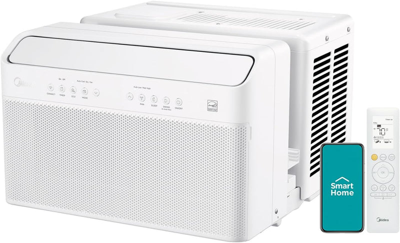 8,000 BTU U Shaped Smart Inverter Window Air Conditioner, Cools up to 350 Sq. Ft., Ultra Quiet with Open Window Flexibility, Works with Alexa/Google Assistant, 35% Energy Savings, Remote Control B6