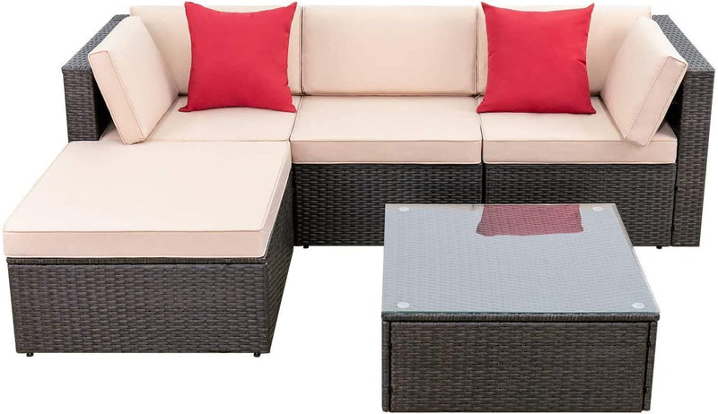 5 Pieces Patio Furniture Sets All Weather Outdoor Sectional Patio Sofa Manual Weaving Wicker Rattan Patio Seating Sofas with Cushion and Glass Table(Beige) R8