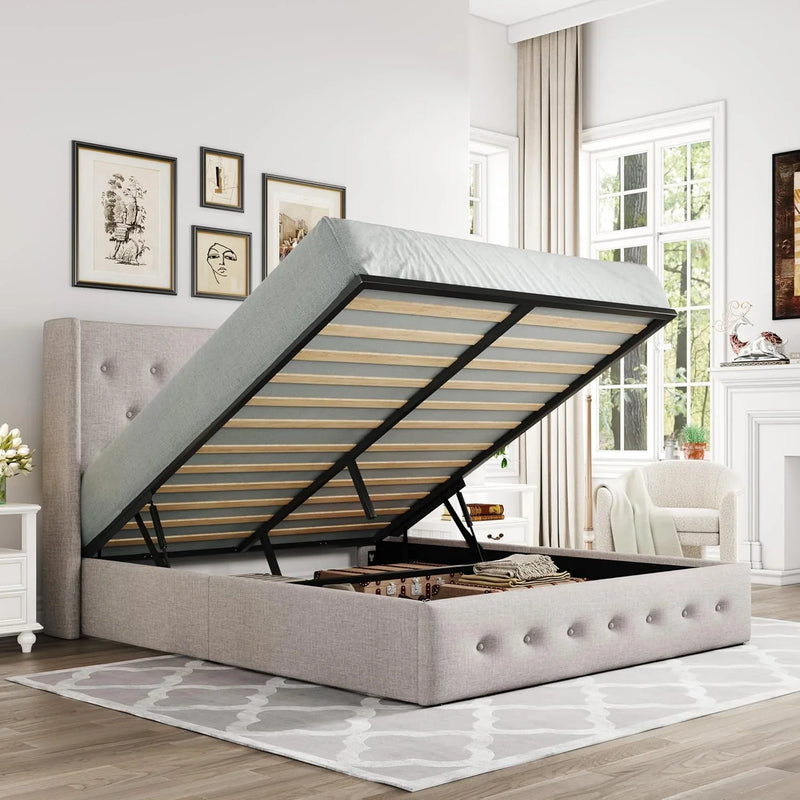 Queen Size Lift Up Storage Bed, Modern Wingback Headboard, Hydraulic Support, No Box Spring Needed, Light Beige B1