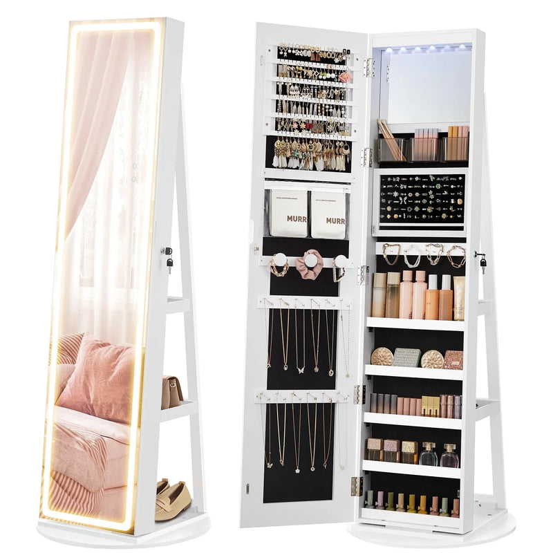 LED Mirror Jewelry Cabinet Standing Jewelry Armoire Organizer Box with Full-Length Mirror and Adjustable LED Lights White U8