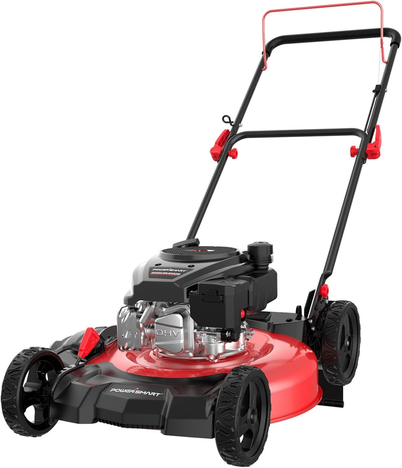 21-inch gas-powered lawn mower, equipped with a 144cc four-stroke all-terrain engine, featuring both crushing and side-discharge functions, with adjustable cutting height ranging from 6 positions. T8