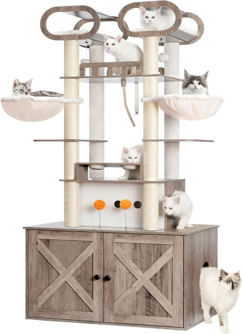 The Habori cat climbing frame with cat litter box storage box, a 76.8-inch wooden Menicos cat tower, equipped with a feeding station and a large platform, modern-style large cat apartment furniture, with a climbing column made of full Nisaal material F9