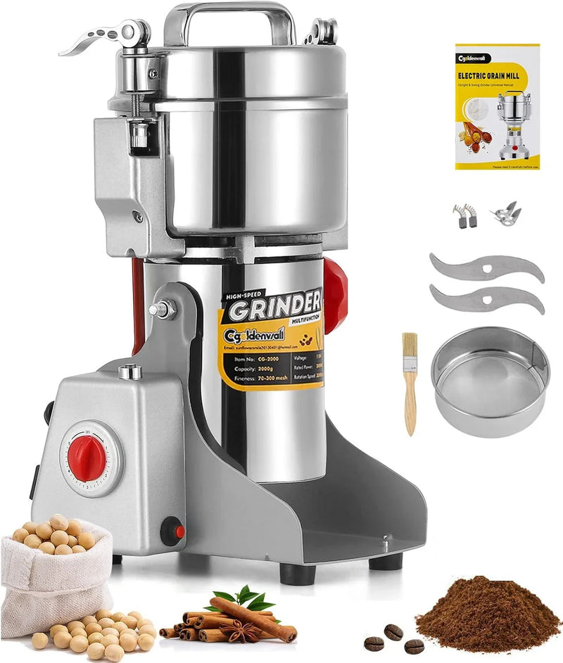 Electric Grain Grinder - Safety Enhanced Version 3600 watts - High-speed Spice and Herbal Grinder - Commercial-grade Ultra-fine Machine - Dry Grain Crusher - CE 110V (2500 grams swing type) N4