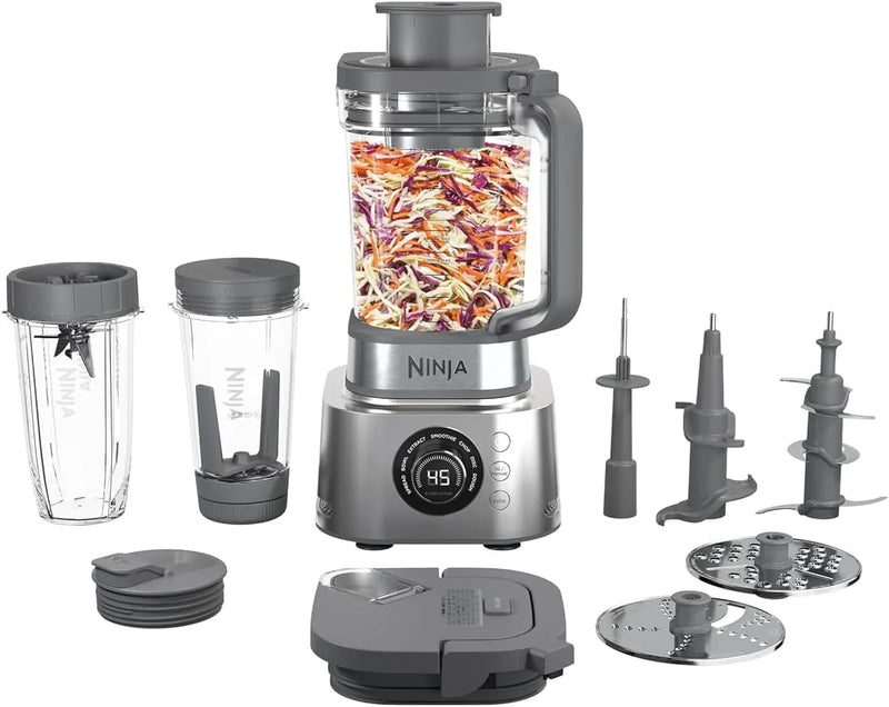 Blender and food processor combination set, Foodi powerful blender system, suitable for making smoothies, bowl foods, spreads and milkshakes, with 6 functions, 72-ounce water jug, portable cup, silver color, SS401 model. D9