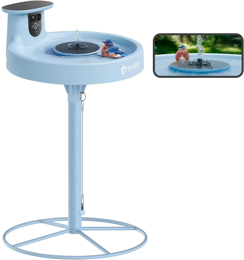 Smart Bird Bath, equipped with a camera, solar power supply, fountain and stand. It features a dual-lens camera for bird observation, automatically captures bird videos and has motion detection functionality. K0