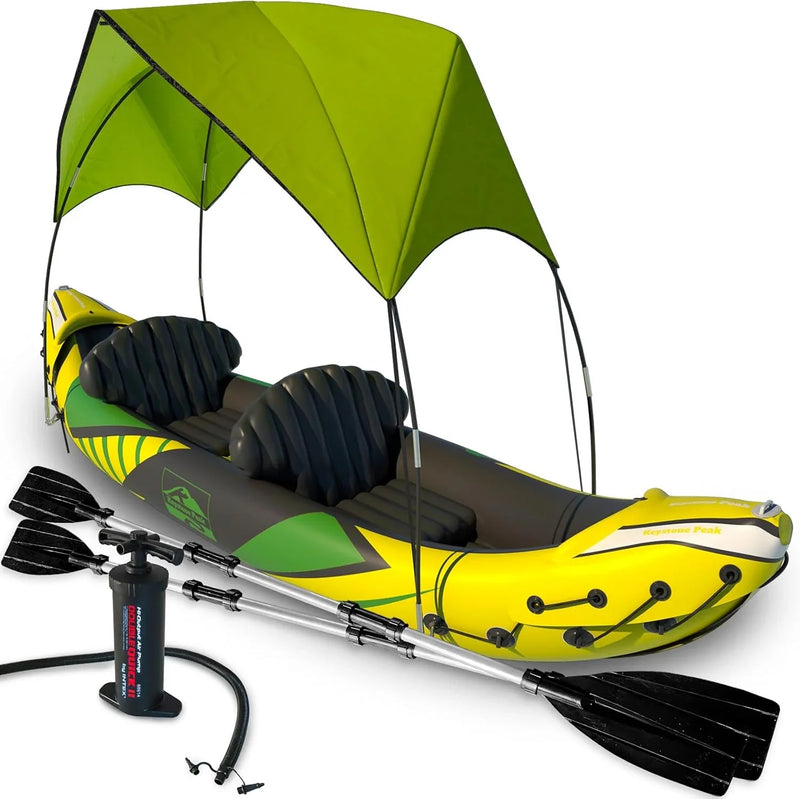 Inflatable Kayak 2 Person with Sun Canopy (Detachable) Kayaks for Adults 3rd Seat for Dog/Child Waterproof Phone Bags Adjustable Seats Kayak Backrests & More New 2024 Yellow Green Z6