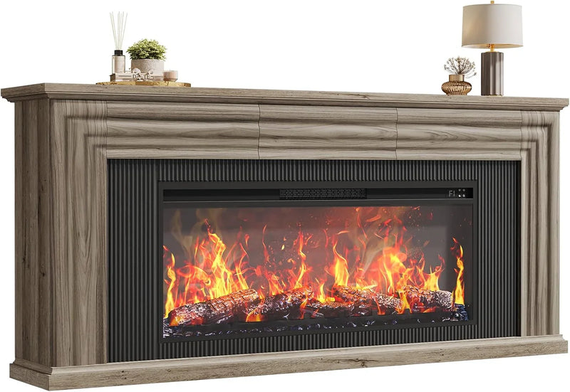 75-inch wall-mounted TV cabinet, rustic modern entertainment center with fireplace, 70-inch media cabinet with 3 drawers, featuring a recessed design, suitable for the living room, black version D4