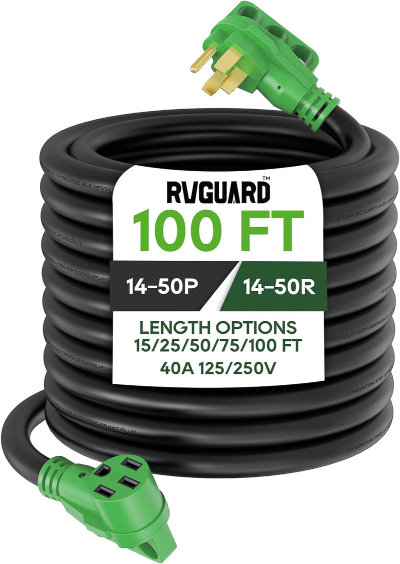 40 Amp 100 Foot RV/EV Extension Cord, NEMA 14-50P/R Heavy Duty Extension Cord with LED Power Indicator and Cord Organizer, Green, B4