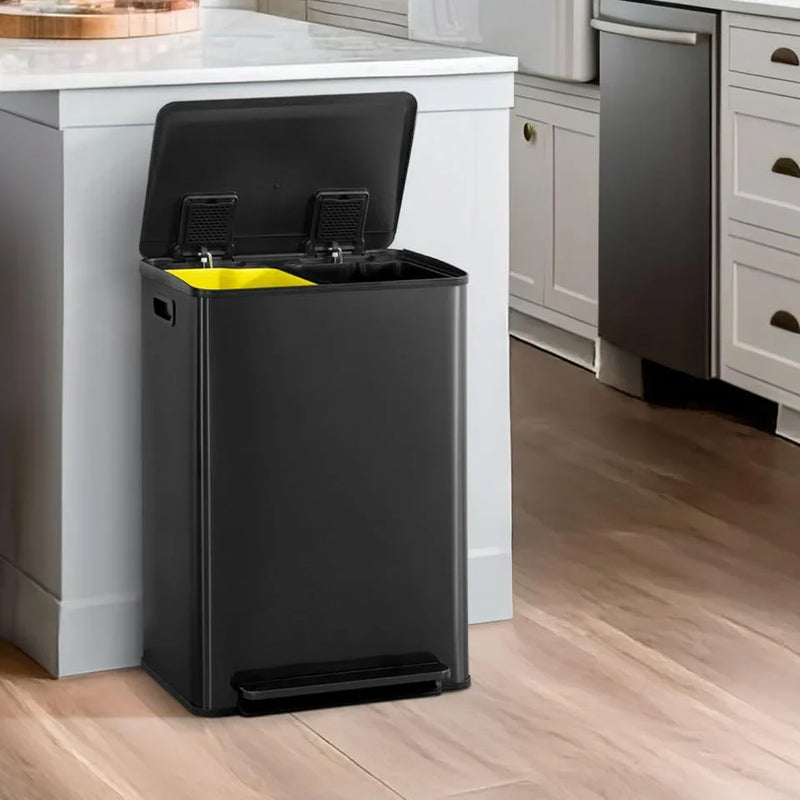 CAPHAUS Dual Trash Can with Double Lid, Trash and Recycle Bins Combo, Hands-free Stainless-Steel Garbage Can for Kitchen, with 2 Compartment, Hinged Lid, Odor Filters, Handles, 25L 25L, 2 x 6.6 Gallon F3