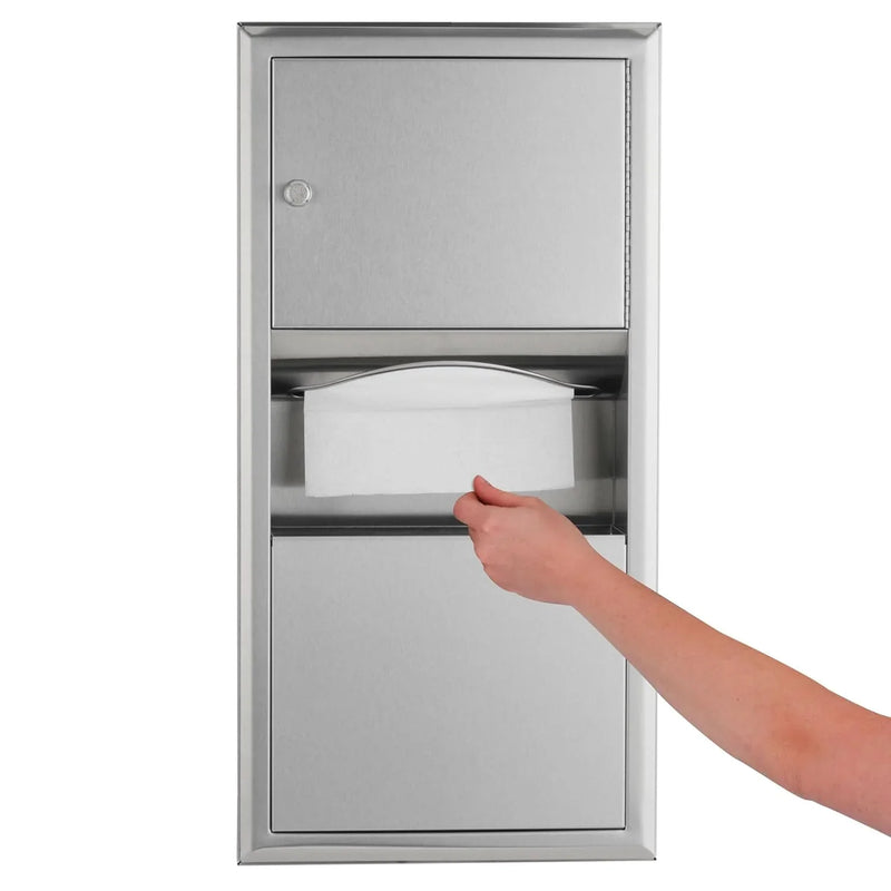 Wall-mounted tissue dispenser and waste paper storage box. Mirror-polished stainless steel material. 2-gallon capacity. Can hold 350 single-layer or 475 multi-layer tissues. Easy to install. Suitable for commercial bathrooms. I7