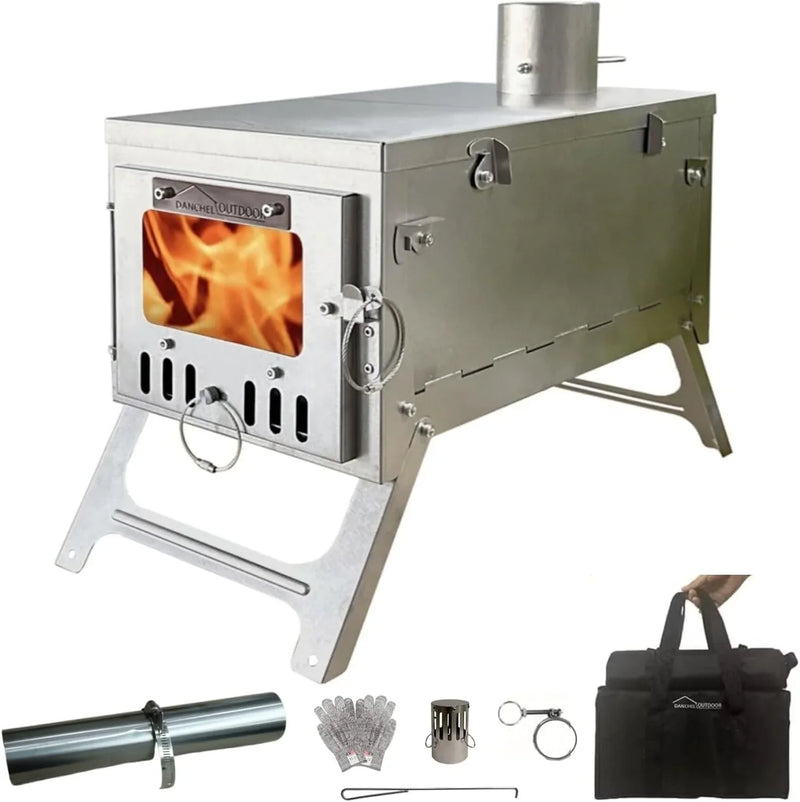 Titanium alloy tent wood stove for camping, 2 kilograms, foldable, lightweight and compact portable heat tent stove, comes with a 2.2-meter chimney, suitable for winter backpacking camping. G7