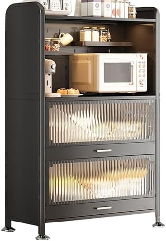 Wall Mounted Pegboard & Microwave Storage Rack - 4/5-Tier Kitchen Baker's Rack with Flip Dual Door Cabinet & Metal Shelves for Small Appliances & Kitchen Organization E0