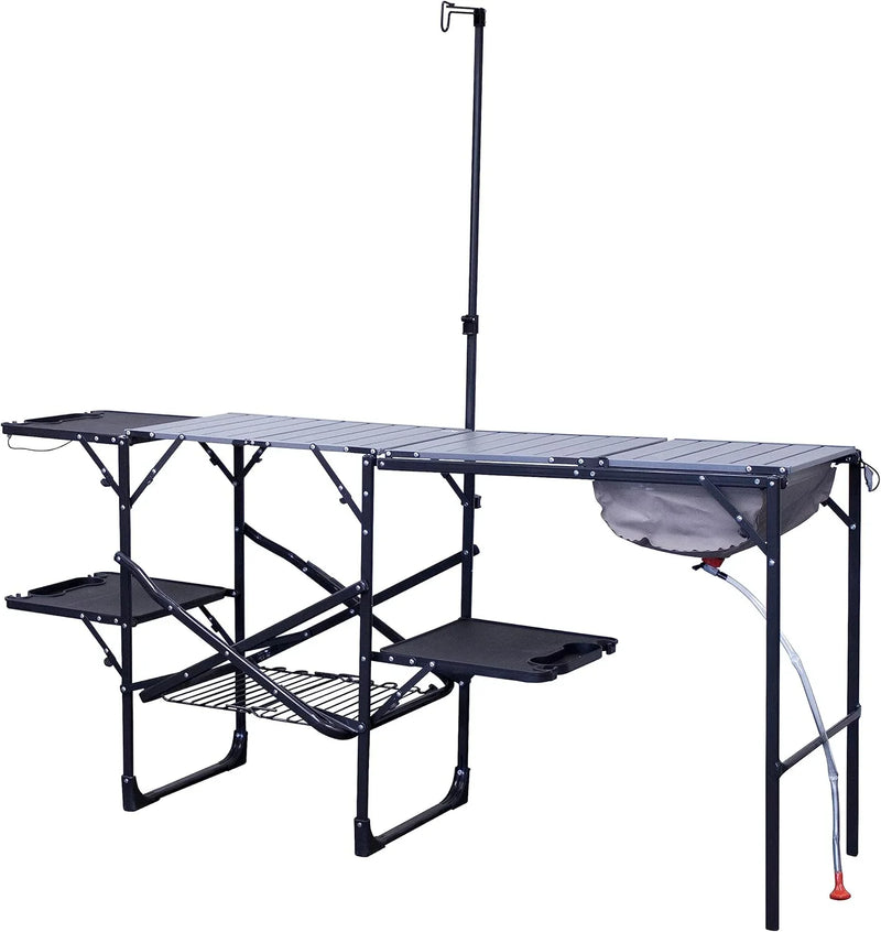 Outdoor chef station | Portable folding kitchen table, equipped with a soft-shell sink, heat-resistant tabletop and telescopic lamp pole, ideal for camping trips R7