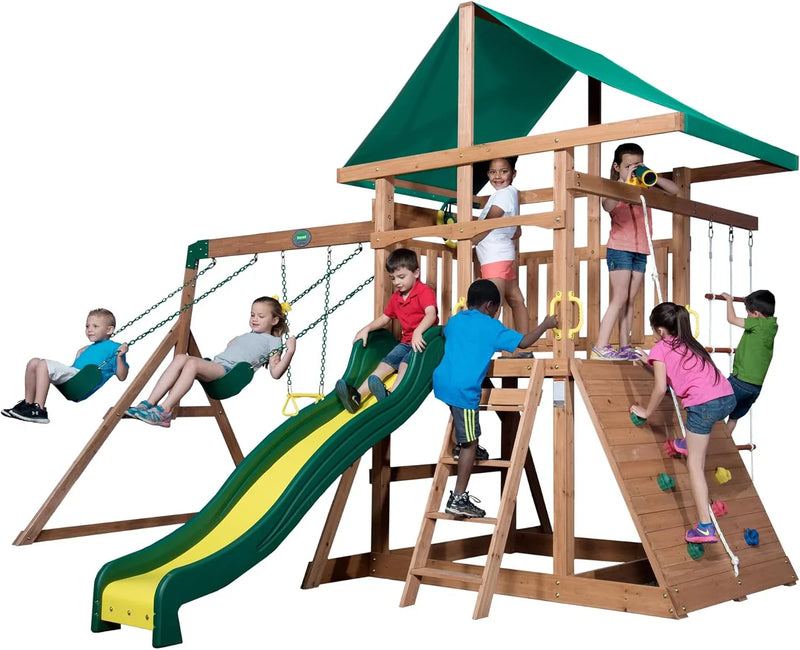 Mount Mckinley Cedar Wood Swing Set with Wave Slide, Play Deck, Double Rock Wall, Rope Ladder, Web Swing, Belt Swings, Toy Telescope, Steering Wheel, Sandbox Area, Outdoor Playset O6