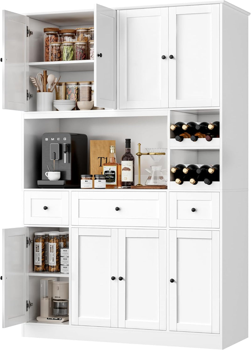 72" Tall Kitchen Pantry with Wine Rack, Pantry Cabinet with Microwave Stand, Large Hutch with Ample Storage, Hutch Cabinet for Kitchen, Dining, Living Room, White F6