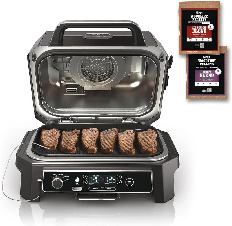 7-in-1 Grill & Smoker with Thermometer, Air Fryer, BBQ, Bake, Roast, Broil - Portable Electric Outdoor Grill, Grey J7