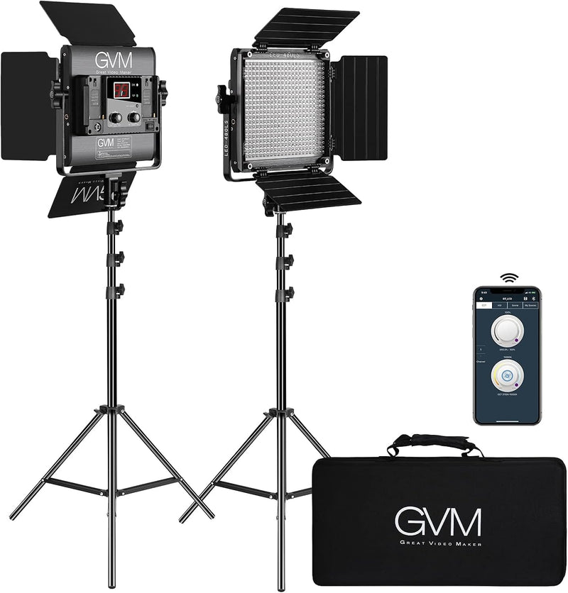 2 Pack LED Video Lighting Kits with APP Control, Bi-Color Variable 2300K~6800K with Digital Display Brightness of 10~100% for Video Photography, CRI97 TLCI97 Led Video Light Panel Barndoor P9