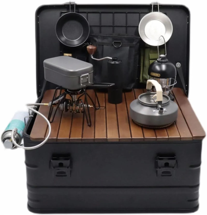 Camping box - Waterproof outdoor metal storage box, 47 liters, portable RV box, equipped with a wooden table and a set of 3 storage bags, large capacity storage box W7