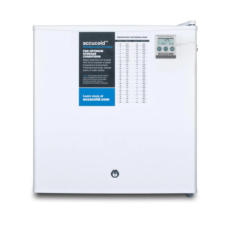 Compact refrigerator freezer, suitable for general use, with a white appearance, equipped with a NIST calibrated thermometer, manual defrosting device, hospital-grade power cord and front locking mechanism. O1