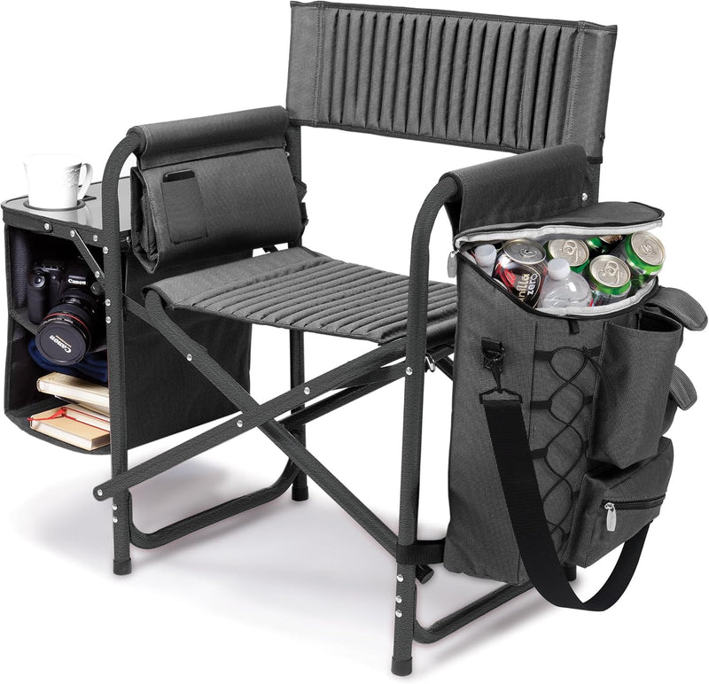 The "Picnic Time" brand's outdoor folding chairs with a unique design feature a grey base and a black frame. The dimensions are 33 x 7 x 21. J0