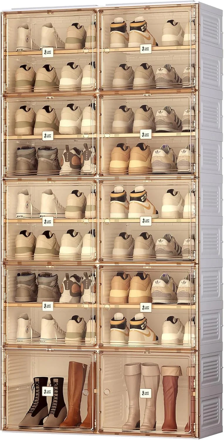 Portable shoe rack organizer, suitable for the entrance of the closet, stackable storage cabinet for sports shoes, shoe cabinet with magnetic transparent doors, large plastic storage container box (with lid), with 5 layers, can hold 20 pairs of shoes T1