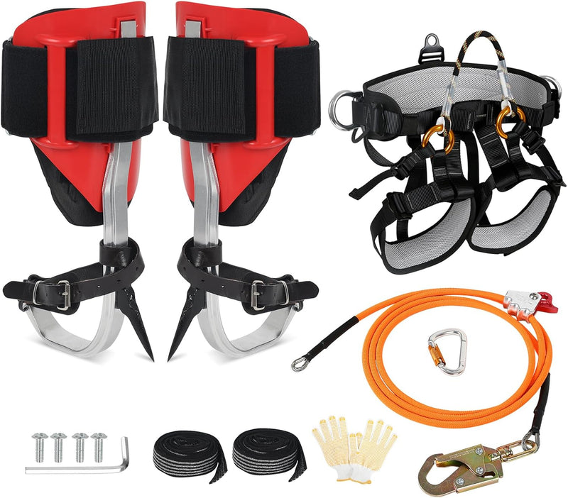 Tree Climbing Spikes Set for Tree Work, Adjustable Tree Climbing Gear with Safety Seat for Tree Climbing and 10FT Steel Wire Core Flip Line Kit for Outdoor Jungle Survival Fruit Picking L0