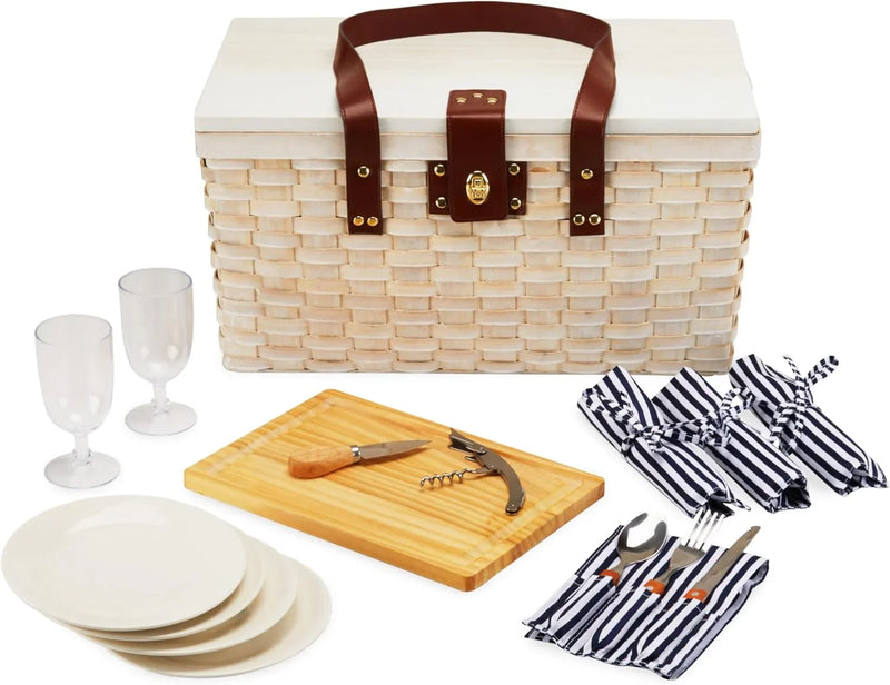 Outdoor picnic basket (with lid and handle), four-person picnic basket (including accessories) picnic equipment set (28-piece set) T1