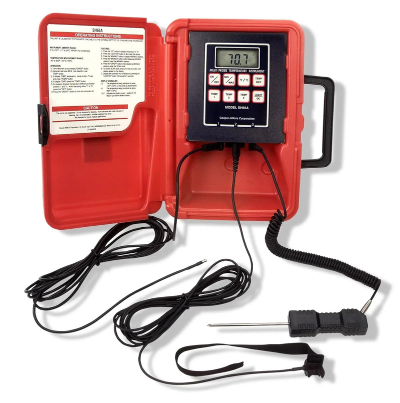 A thermoresistance thermometer with a liquid crystal display, in a red color, with a temperature range of -40°F to 300°F. V9
