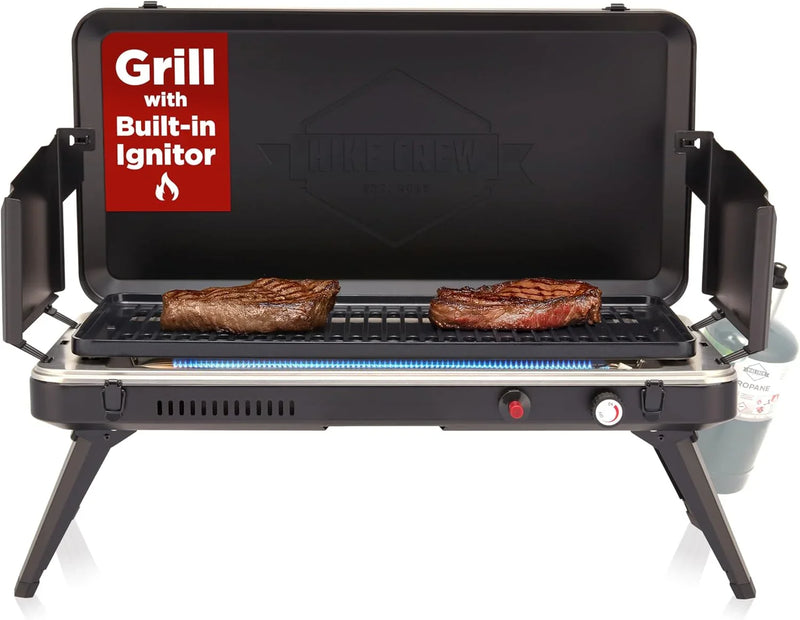 Gas camping barbecue grill | 13,000 watts | Portable liquefied gas burner | Foldable legs and feet | Integrated igniter and built-in regulator (with stainless steel drip tray) | Windproof panel and built-in handle P8
