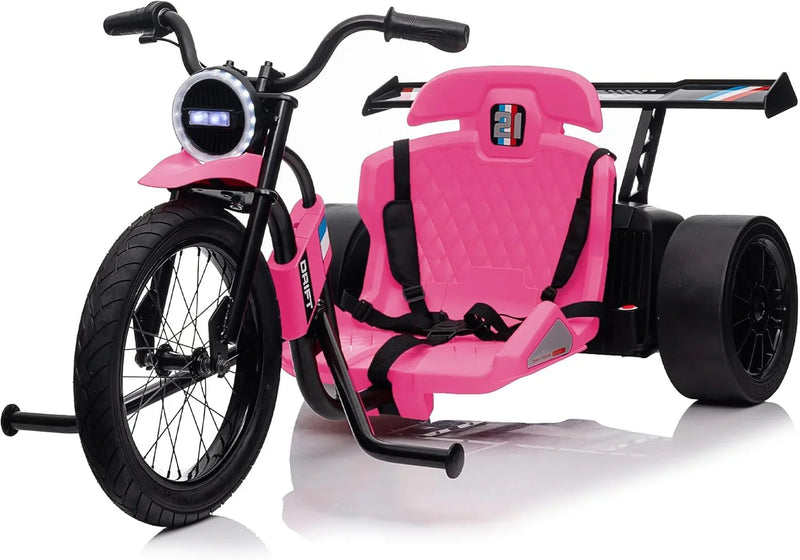Children's electric drift tricycle, three-wheel electric drifting bicycle, equipped with LED lights, 16-inch inflatable tires, battery-powered, suitable for boys and girls aged 8 and above, outdoor electric driving vehicle (black) N8