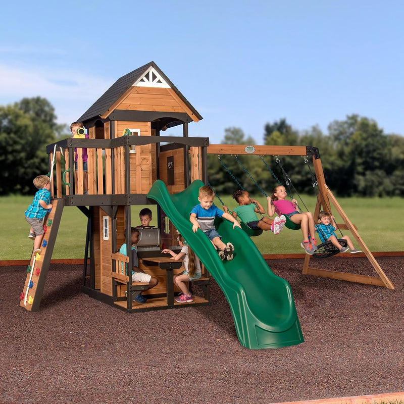 Canyon Creek Cedar Wood Swing Set with Wave Slide, Clubhouse, Play Kitchen, Picnic Area, Belt Swings, Web Swing, Rock Wall, Balconies, Playhouse, Step Ladder, Outdoor Playset R8