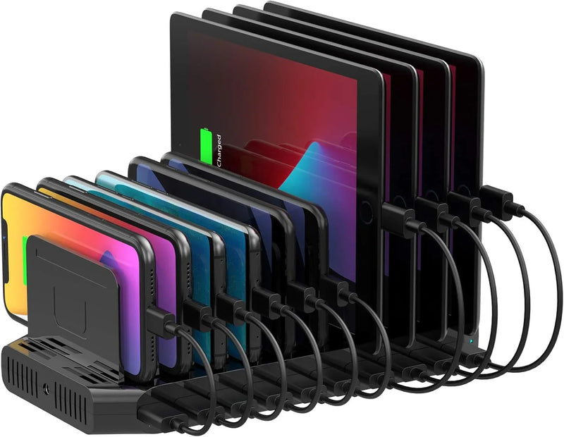 A charging interface station with 10 USB fast charging ports and adjustable partitions, suitable for charging multiple devices such as iPads, iPhones, tablets and mobile phones - 5-piece set, black Y2
